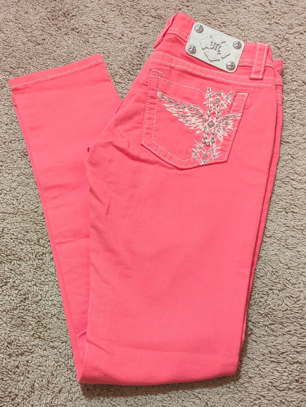 Miss Me Hot Pink Skinny Jeans Wing Cross Embellished Low Rise Size 28